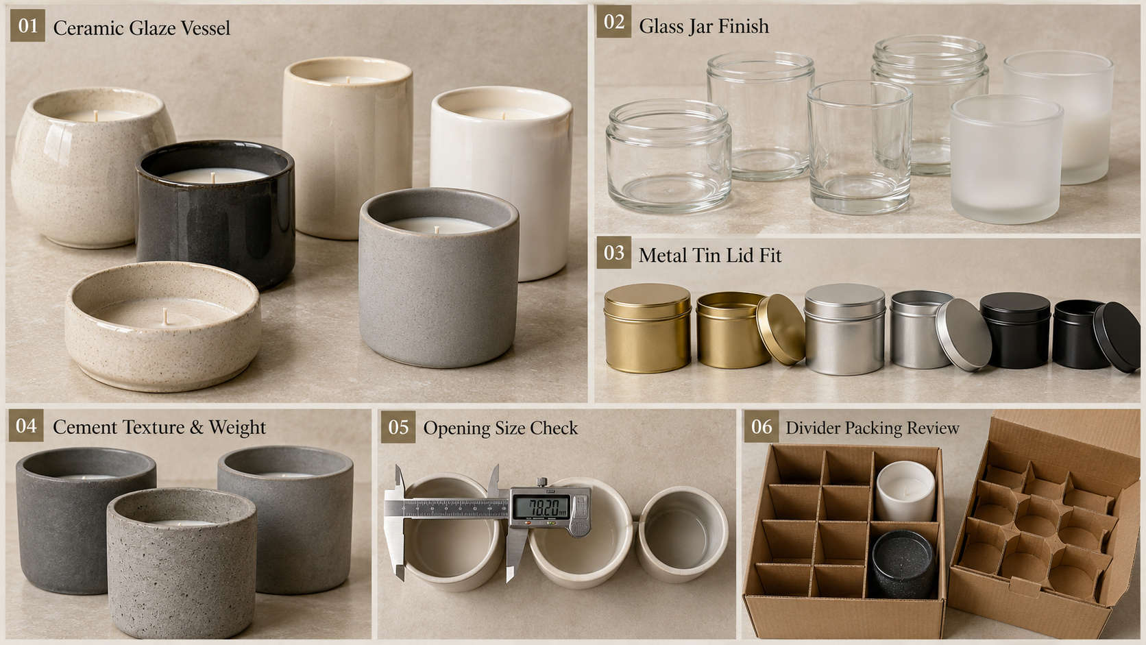 Candle container material comparison with lid fit, opening size and packing review