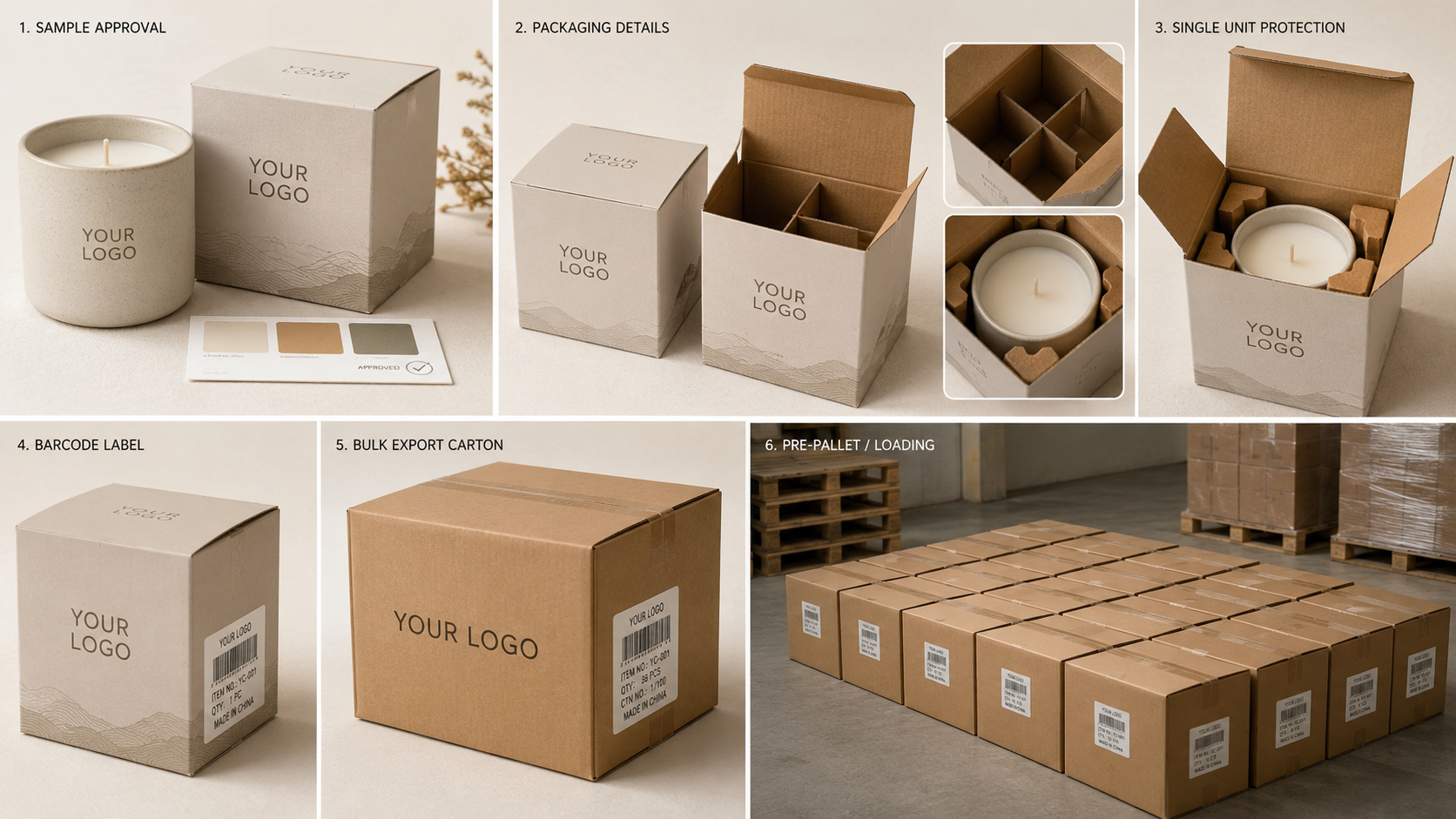 Candle container packaging sample approval and bulk carton packing
