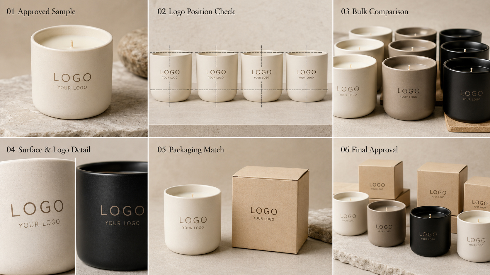Candle vessel logo sample approval and bulk branding inspection