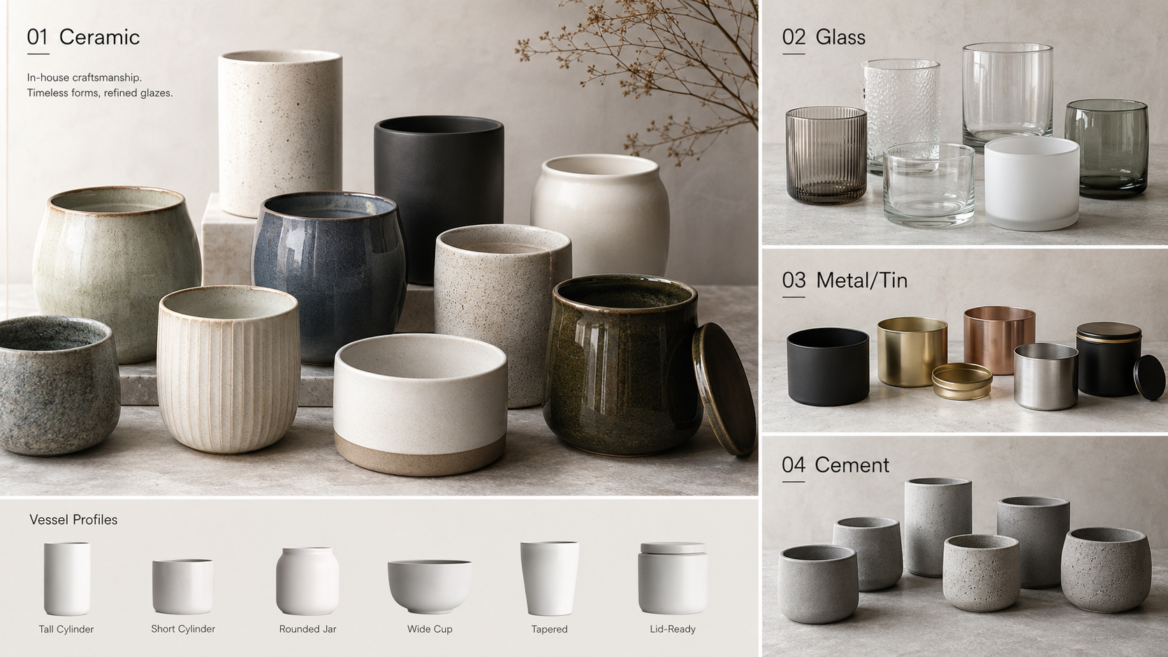Candle vessel material and shape selection for custom orders