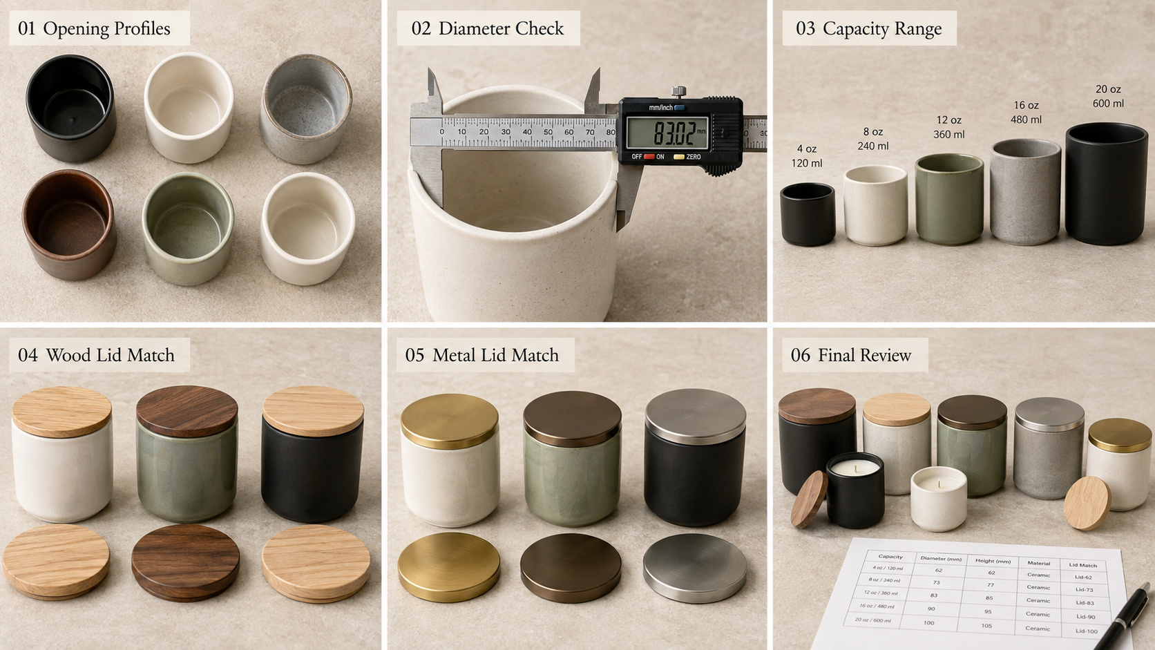 Candle vessel opening, capacity and lid matching steps