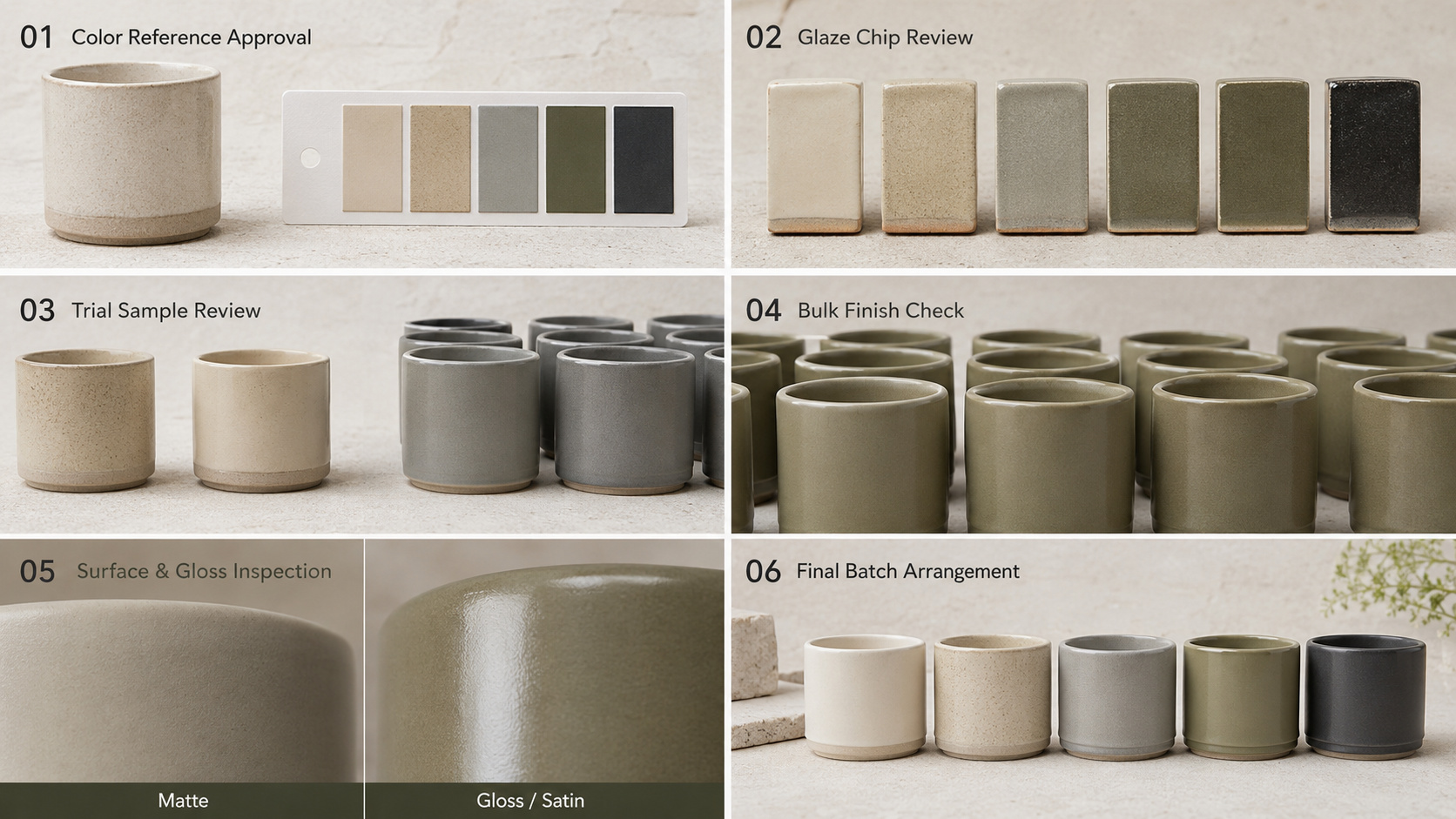 Ceramic candle vessel color and finish consistency inspection