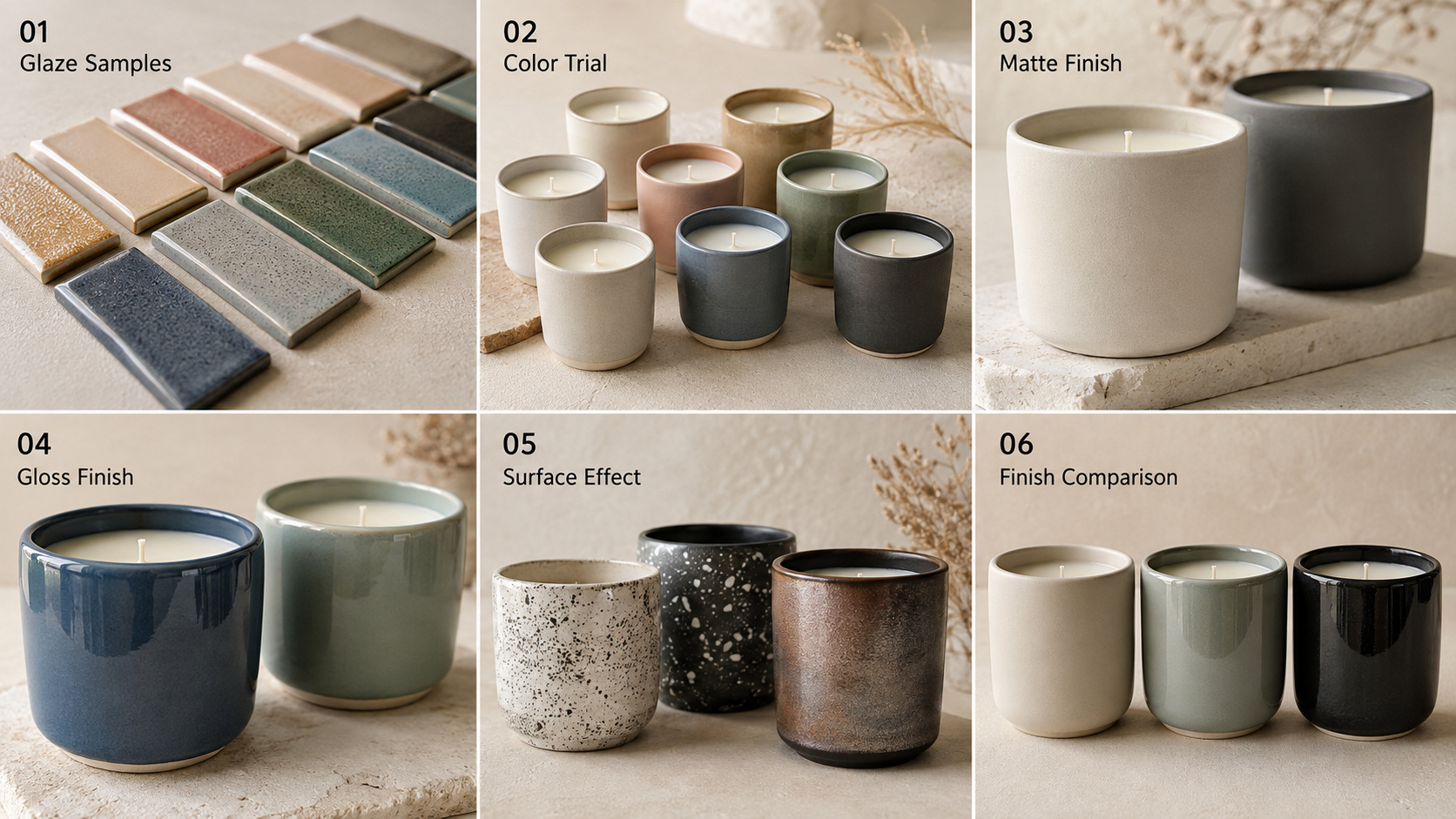 Ceramic candle vessel color, glaze and surface finish development