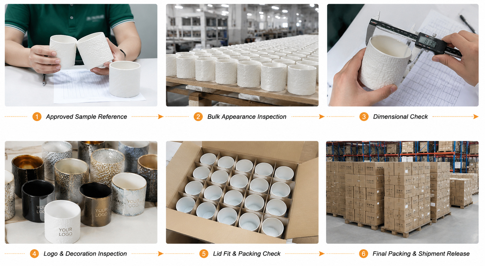 Ceramic candle vessel dimensional inspection and final packing check