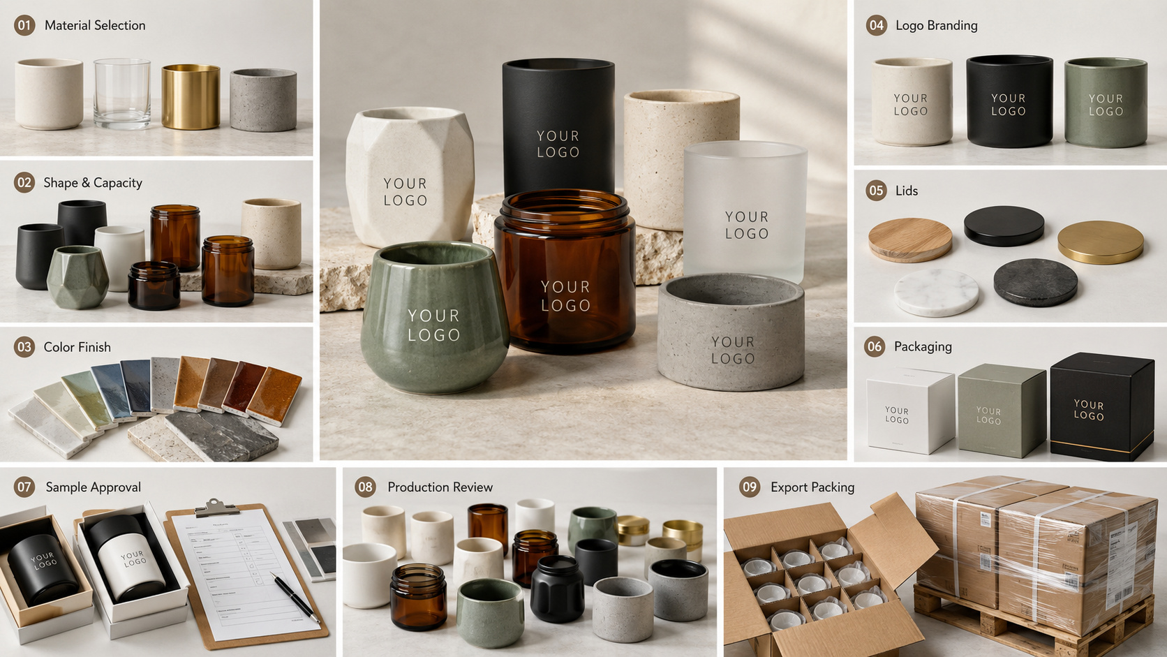 Custom OEM candle containers with vessel, finish, branding, packaging and production options